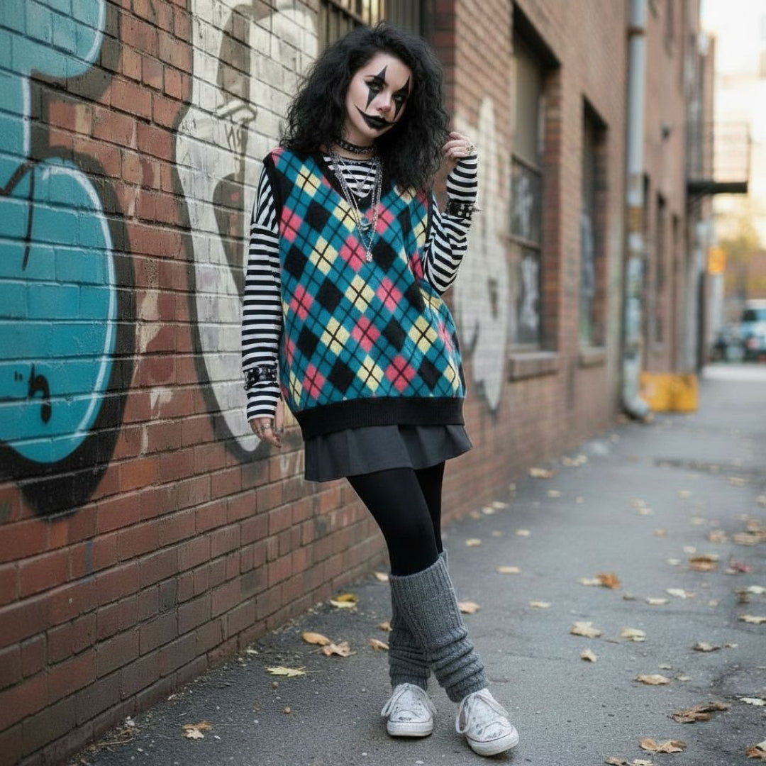 Cool alt person with clown makeup wearing a colorful knitted argyle sweater against a graffiti-covered wall.