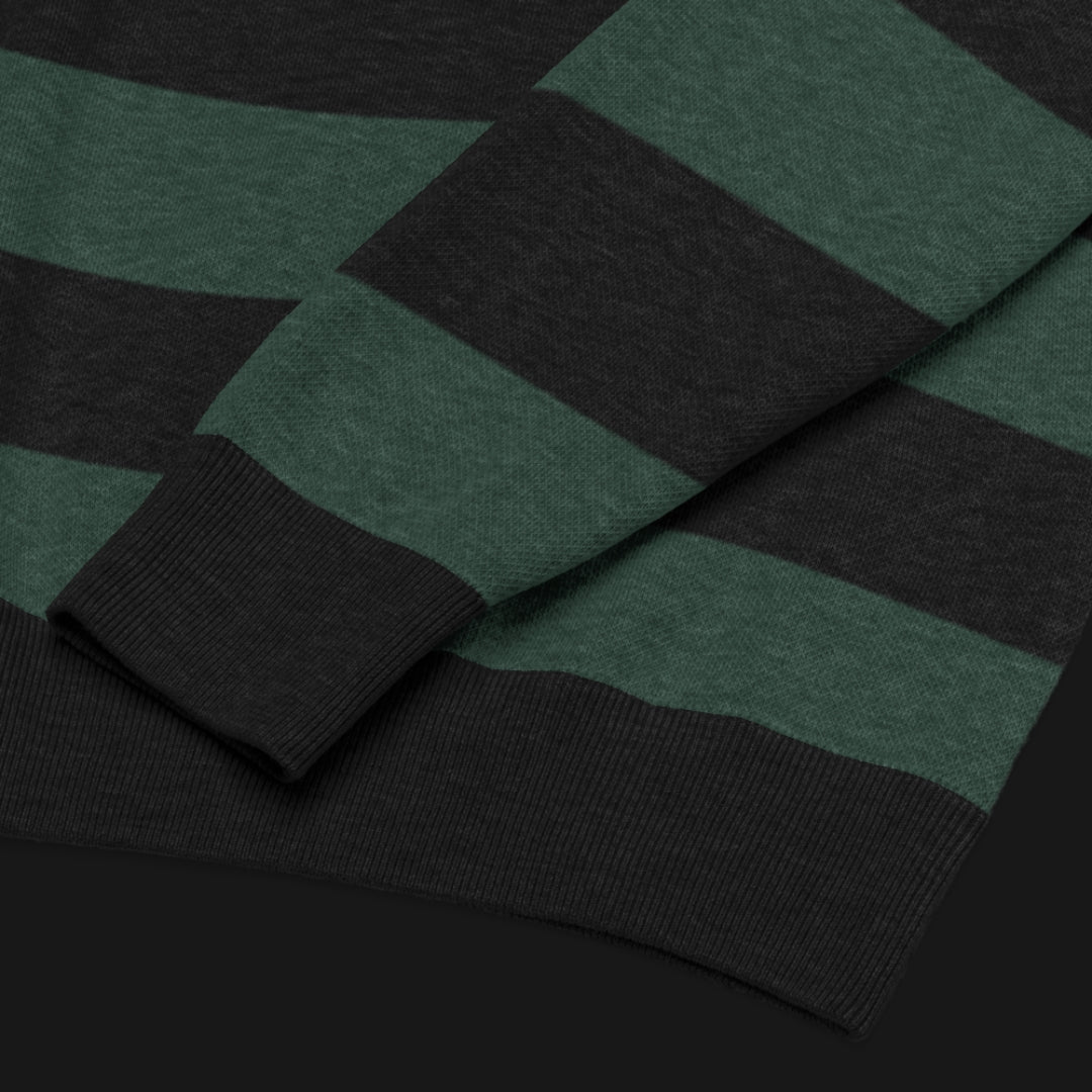 a grunge striped sweater with wide black and dark stripes