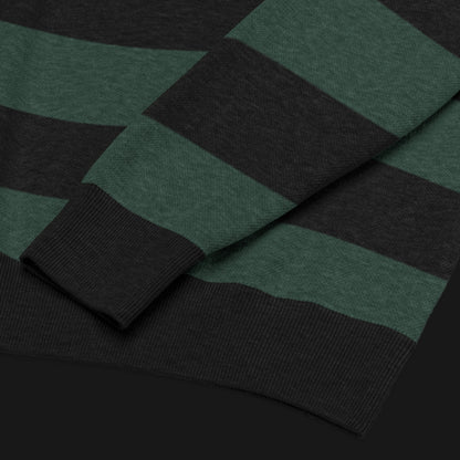 a grunge striped sweater with wide black and dark stripes