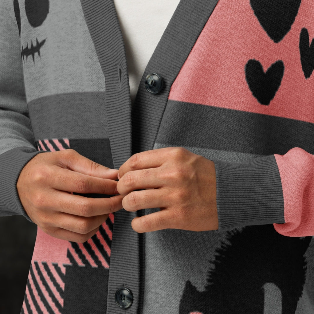 A pink, grey and black knitted cardigan with patchwork pattern areas