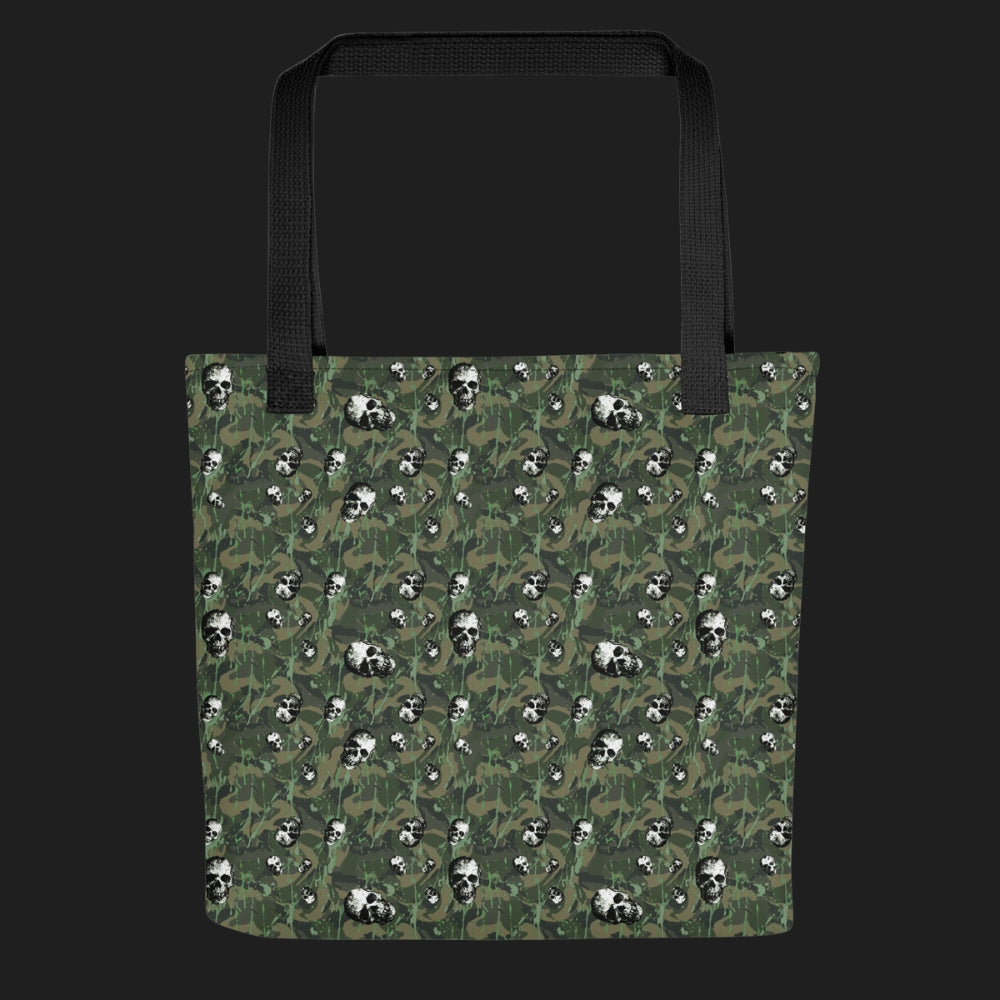 Tote bag with a rebellious camo background, gritty skulls, and green paint splatter