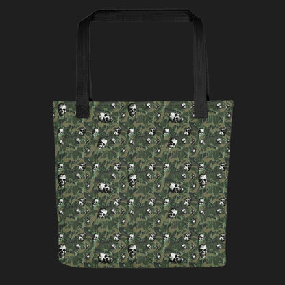 Tote bag with a rebellious camo background, gritty skulls, and green paint splatter