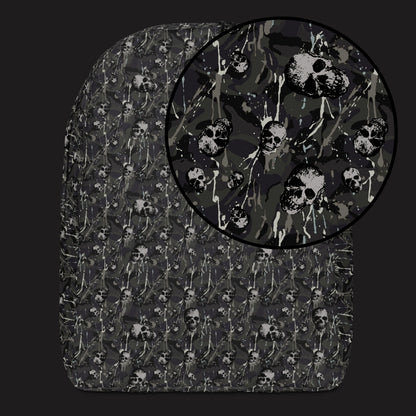 a backpack with a camo and paint and gritty skulls pattern in dark grey
