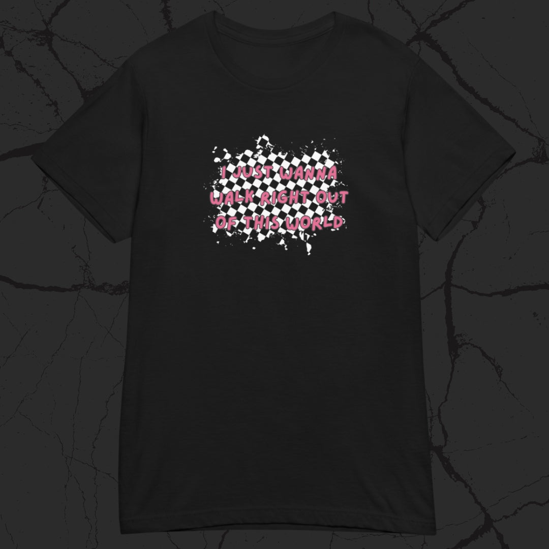 black alt gildan 64000L t-shirt with rugged checkers pattern and text overlay "i just wanna walk right out of this world"