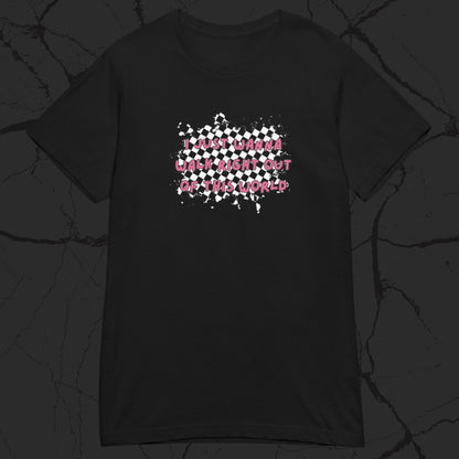 black alt gildan 64000L t-shirt with rugged checkers pattern and text overlay "i just wanna walk right out of this world"