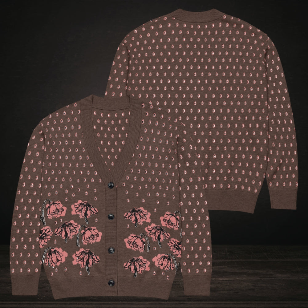 An emotional brown knitted cardigan with tears and crying flowers