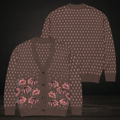 An emotional brown knitted cardigan with tears and crying flowers