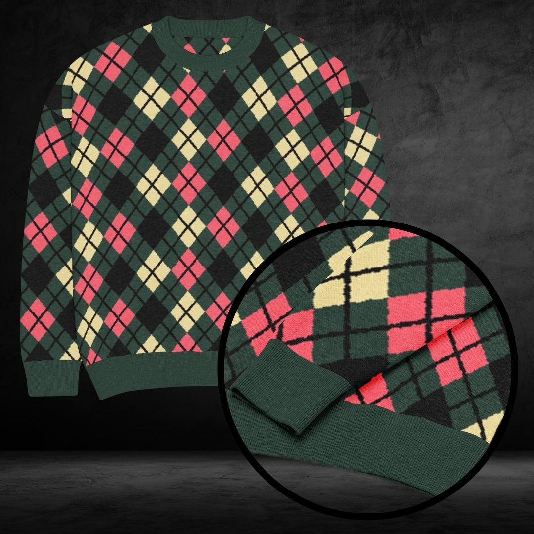 A pine and pink based argyle pattern knit sweater in unusual colors