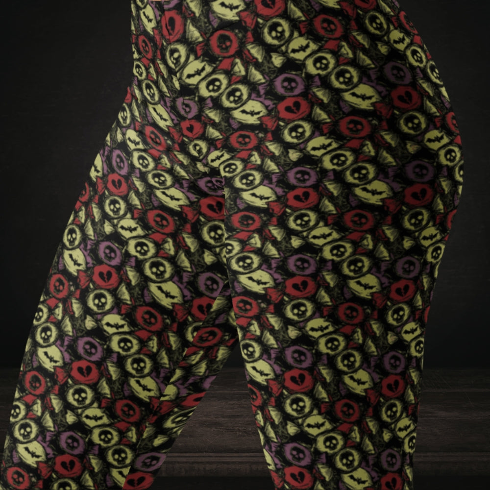Leggings with skull and broken heart candy in retro colors khaki purple and red