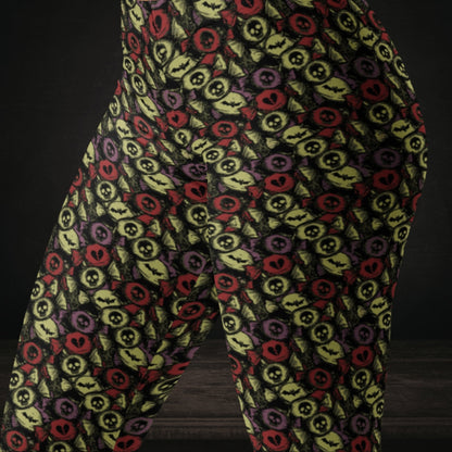 Leggings with skull and broken heart candy in retro colors khaki purple and red
