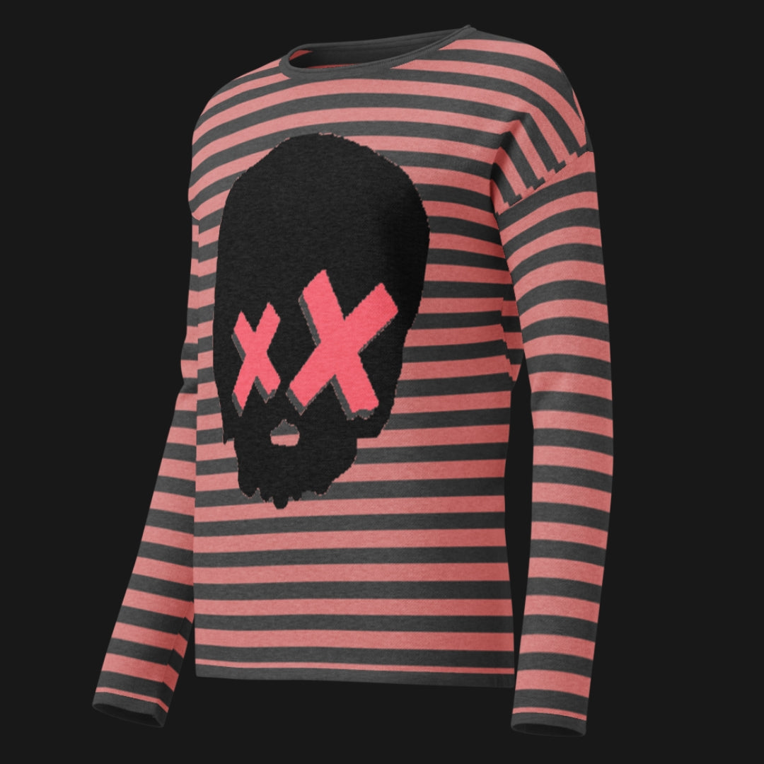Pink and charcoal striped sweater with a large x-eyed skull design