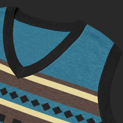 An alt style knitted vest with an irregular unexpected pattern and cool color combination of cyan and brown
