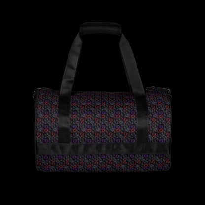 Duffel bag with a skull candy pattern in dark grey blue and red shades