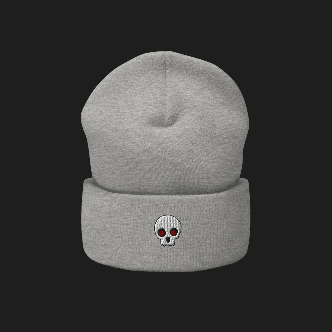 A cuffed beanie with a clean minimalistic skull embroidery