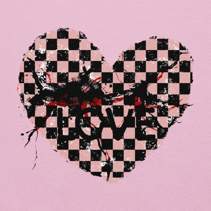 a pink checkered cracked and distressed heart design on a pink hoodie
