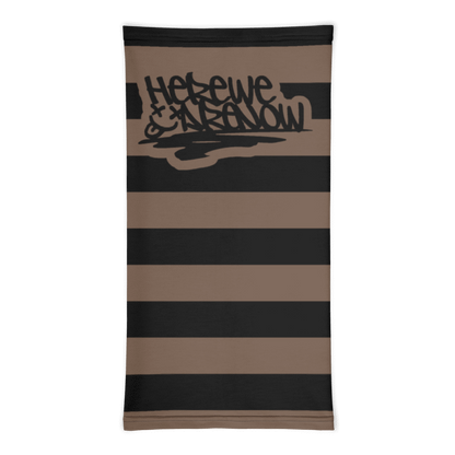 a neck gaiter with wide grunge style stripes and text "here we are noW"