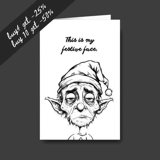 a tired elf sad Christmas greeting card