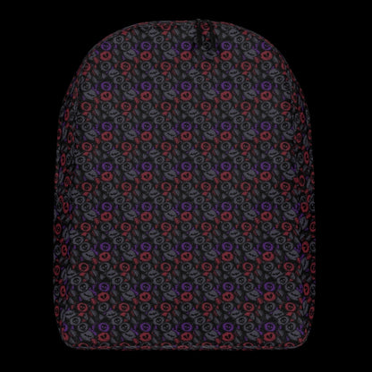 a backpack with an alt emo skull candy pattern in dark grey, purple and red