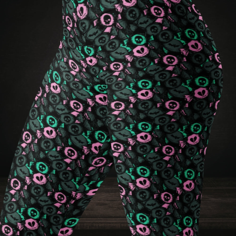 Leggings with skull and broken heart candy in grey teal and pink
