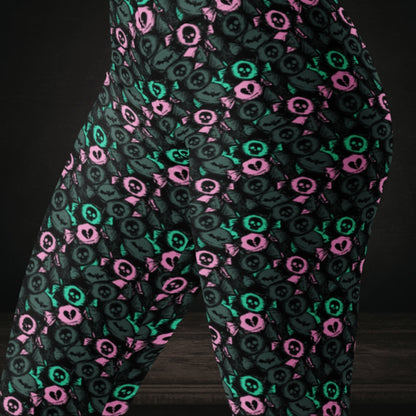 Leggings with skull and broken heart candy in grey teal and pink
