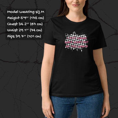 black alt gildan 64000L t-shirt with rugged checkers pattern and text overlay "i just wanna walk right out of this world" with sizing info
