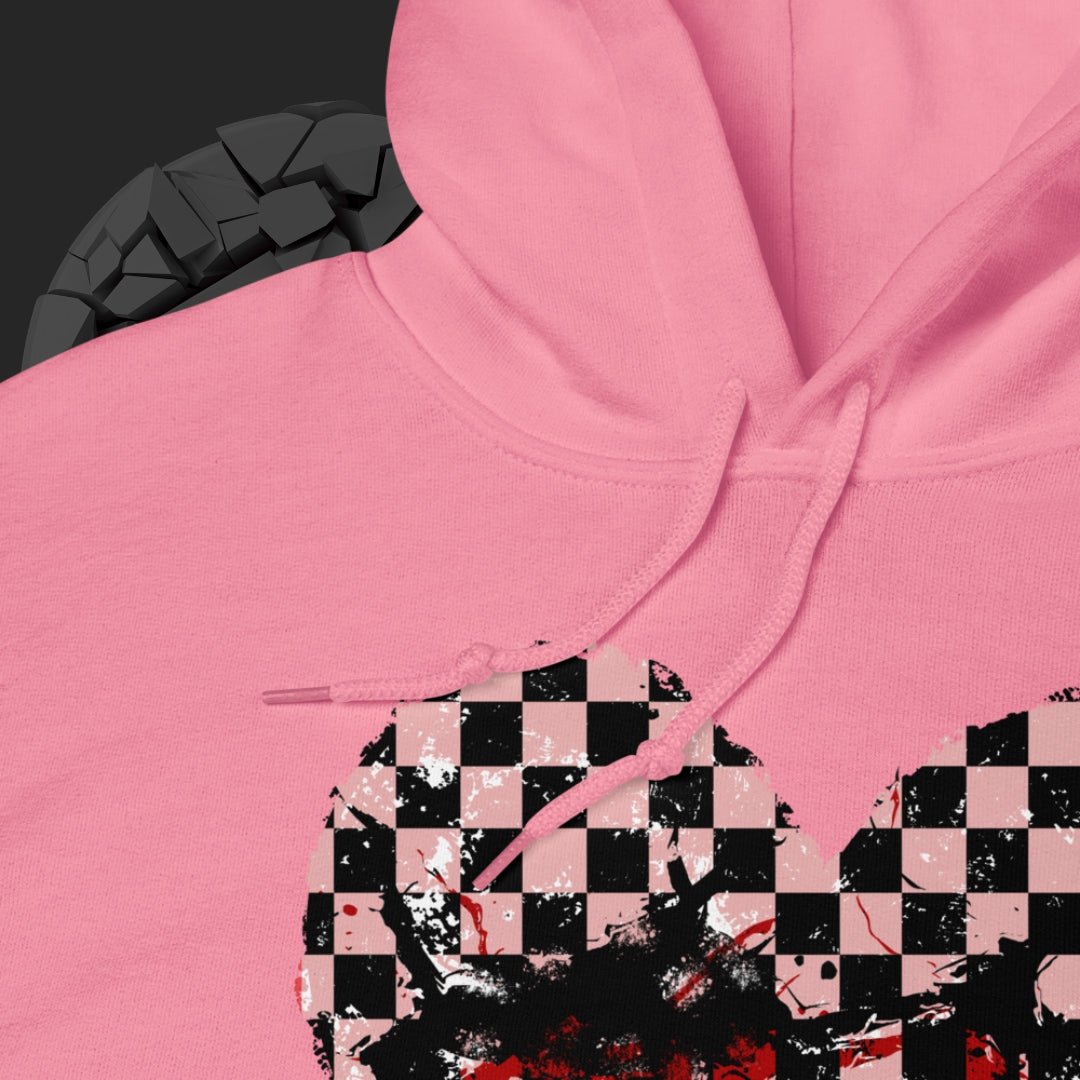 a pink hoodie with a pink checkered and distressed heart design