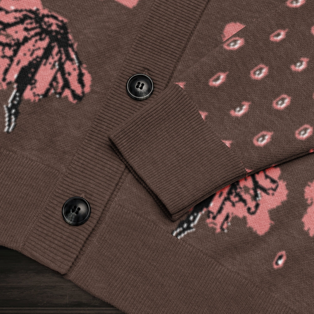 An emotional brown knitted cardigan with tears and crying flowers