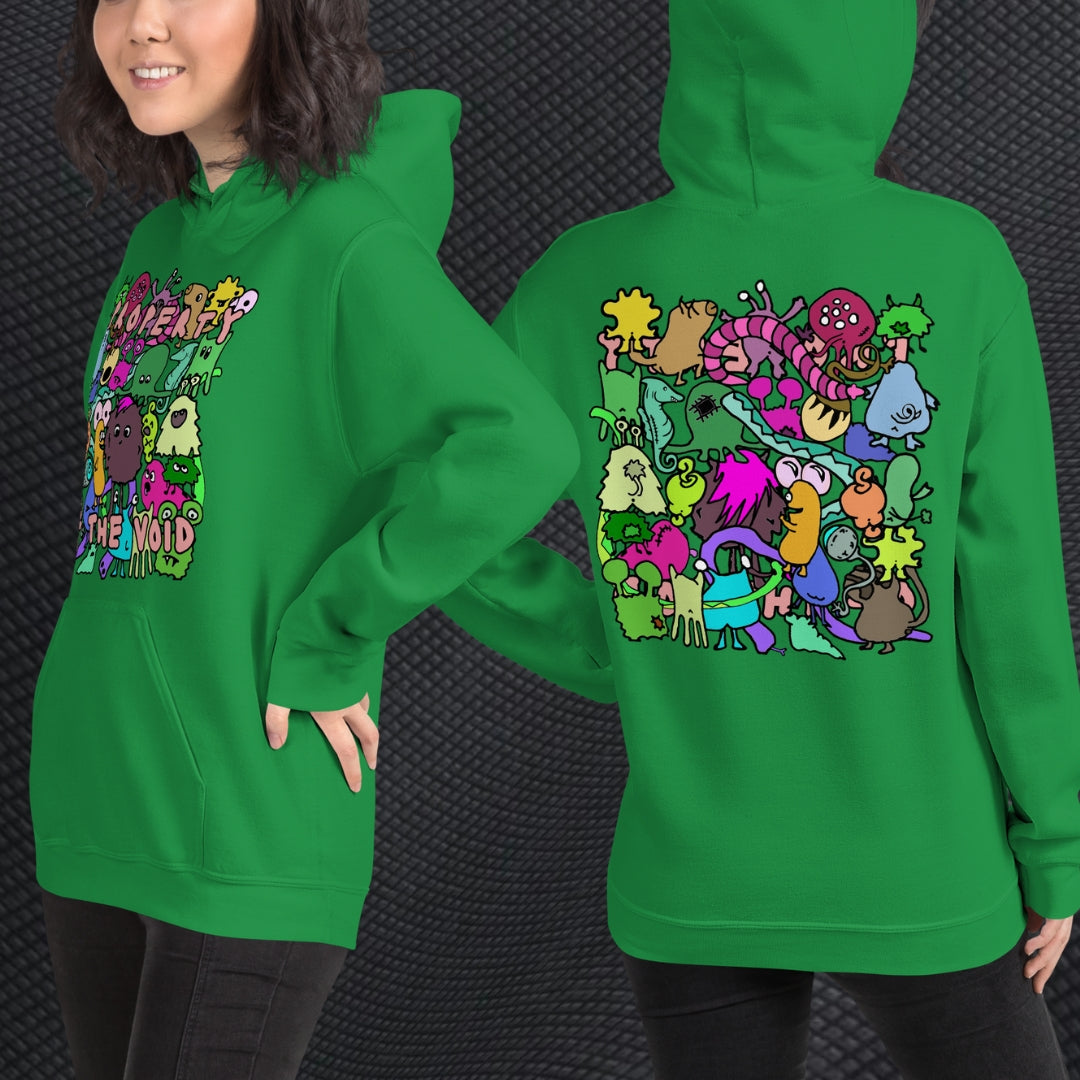 a person wearing a hoodie with front print a colorful horde of goblins and text "property of the void" and on the back, the goblins seen from the back