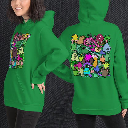 a person wearing a hoodie with front print a colorful horde of goblins and text "property of the void" and on the back, the goblins seen from the back