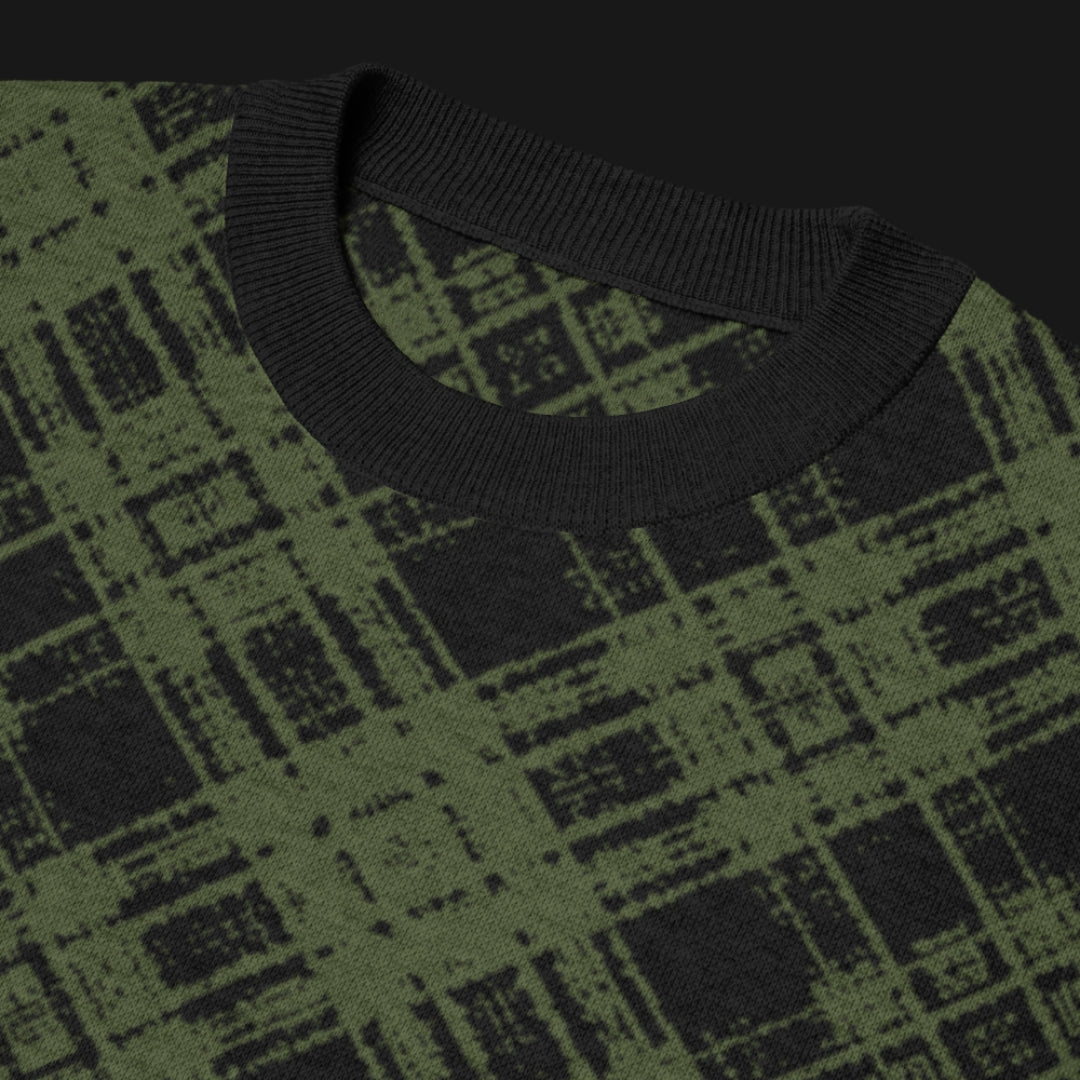 A dark black and olive broken plaid pattern knitted tee