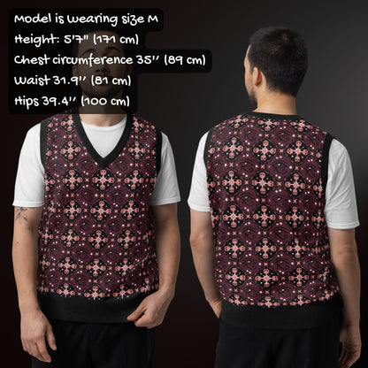 person wearing a knit vest with a mysterious eye and skulls pattern in burgundy and pink with sizing info