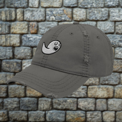 Charcoal grey distressed otto cap dad hat with embroidered stupefied emo ghost