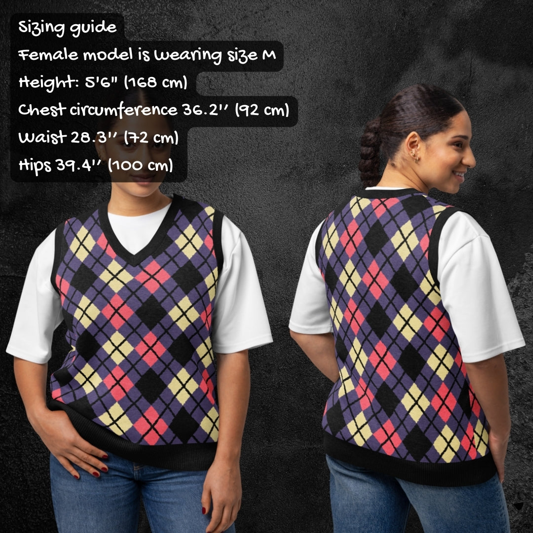 Person wearing a knitted argyle patterned vest with a sizing guide on a dark background