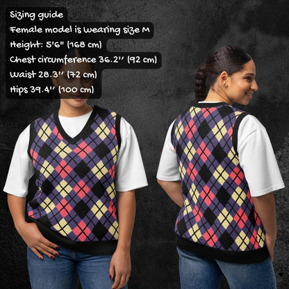 Person wearing a knitted argyle patterned vest with a sizing guide on a dark background