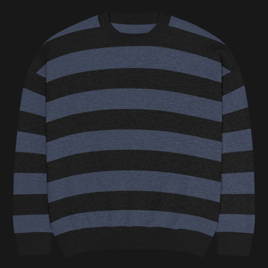 a grunge striped sweater with wide black and dark stripes