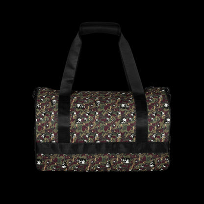 a duffel gym bag with a camo, paint splatter, and gritty skulls pattern in green and burgundy shades