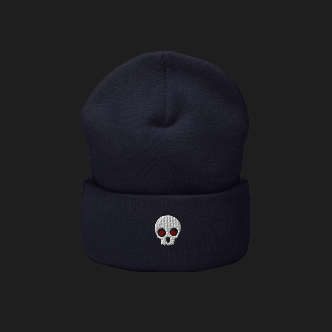 A cuffed beanie with a clean minimalistic skull embroidery