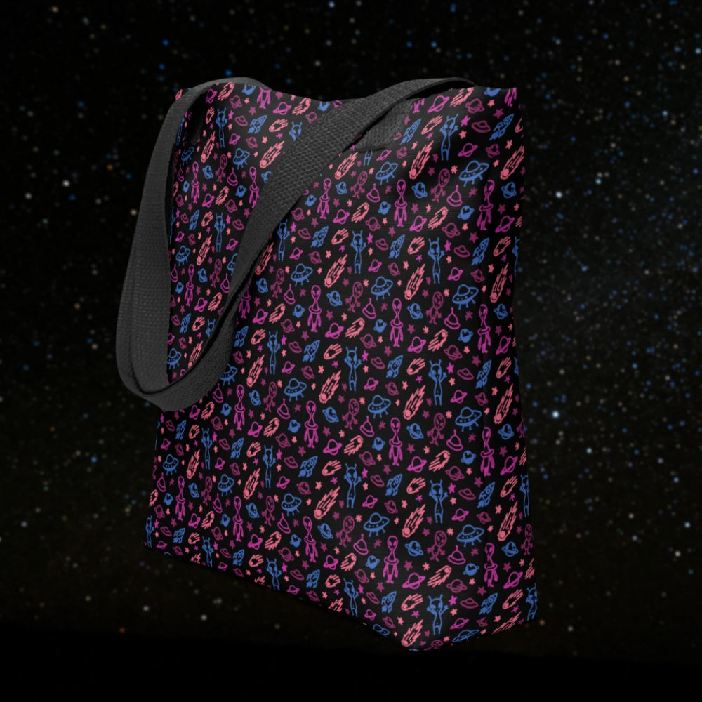 Tote bag with a cool hand drawn space pattern with confused aliens and planets in deep space shades black