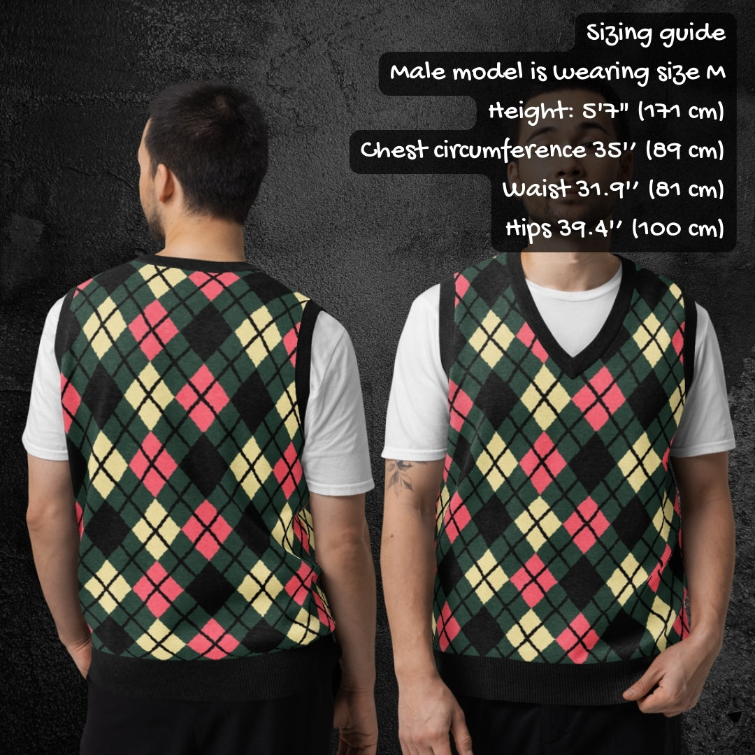 Person wearing a knitted argyle patterned vest with size guide information on a dark background