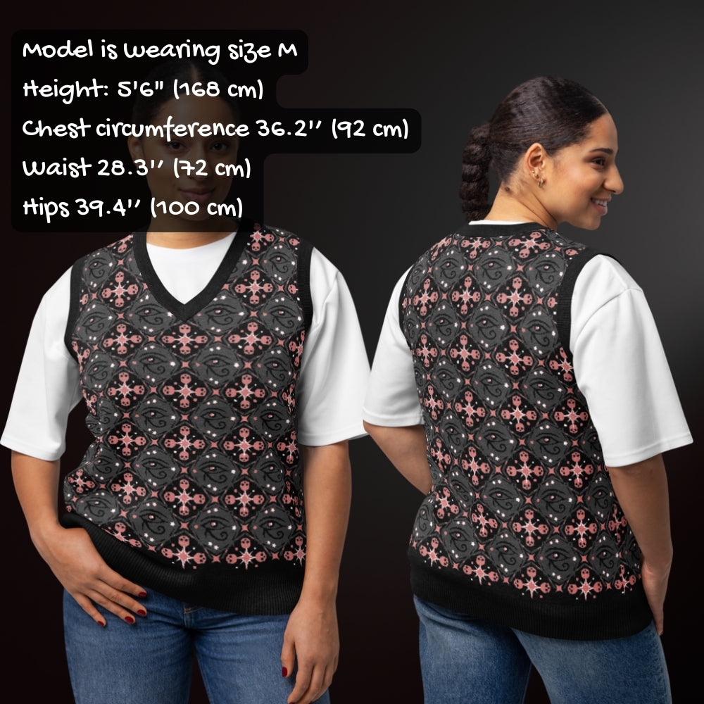 person wearing a knit vest with a mysterious eye and skulls pattern in charcoal and pink with sizing info