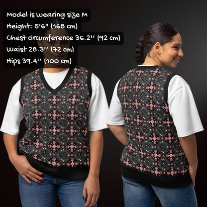 person wearing a knit vest with a mysterious eye and skulls pattern in charcoal and pink with sizing info