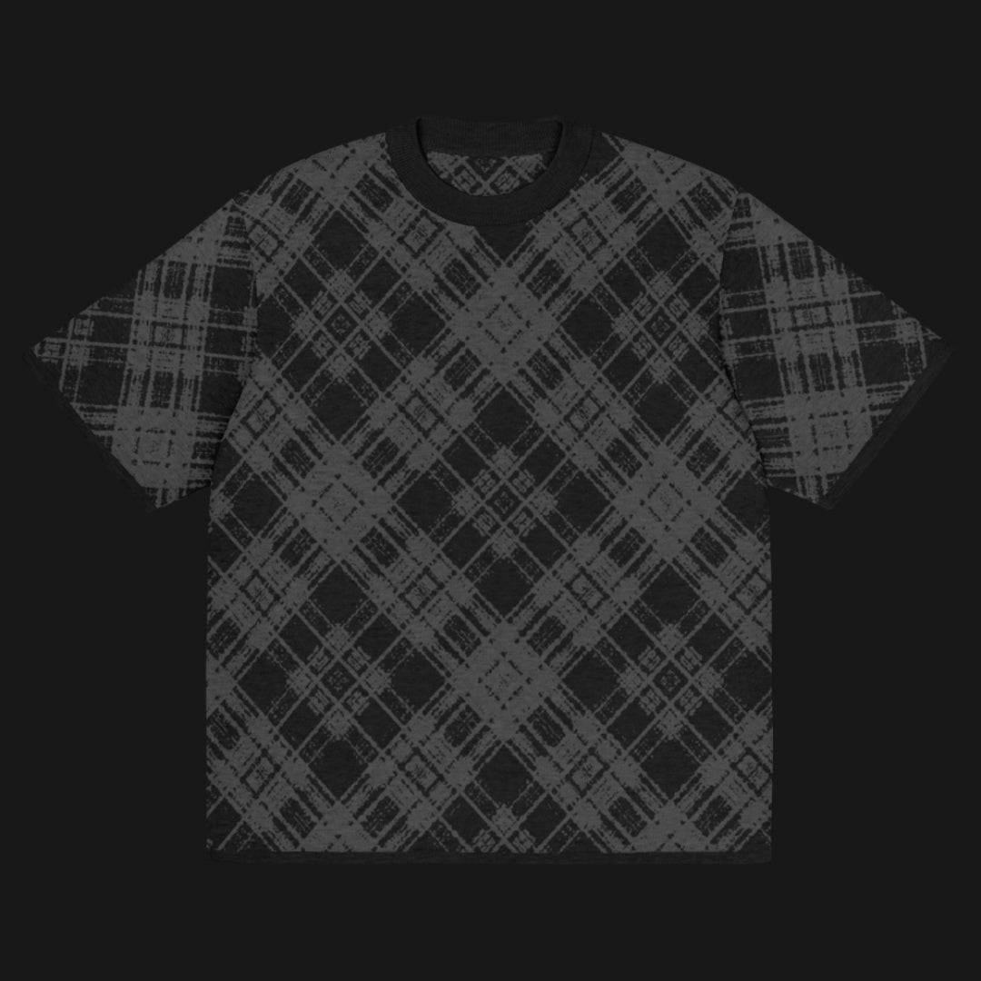 A dark black and charcoal broken plaid pattern knitted tee