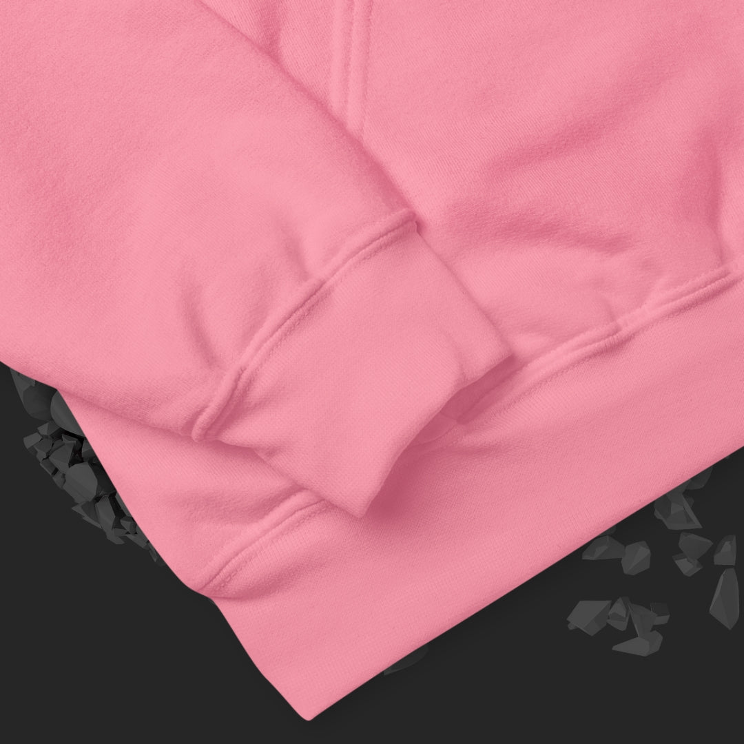 a pink hoodie with a pink checkered and distressed heart design