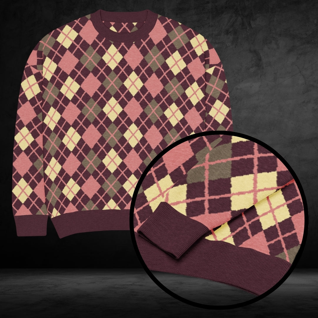 A burgundy based argyle pattern knit sweater in unusual colors