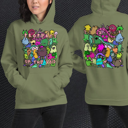 a person wearing a hoodie with front print a colorful horde of goblins and text "property of the void" and on the back, the goblins seen from the back
