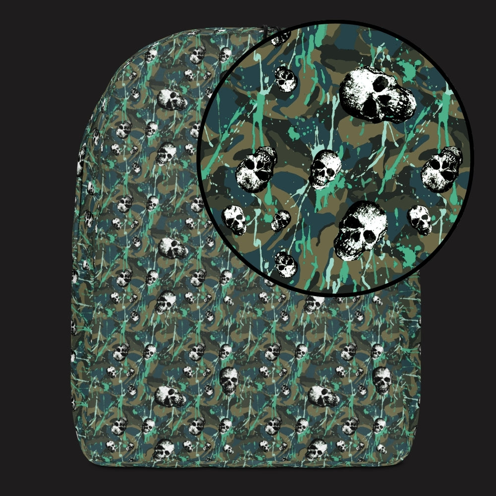 a backpack with a camo and paint and gritty skulls pattern in camo green