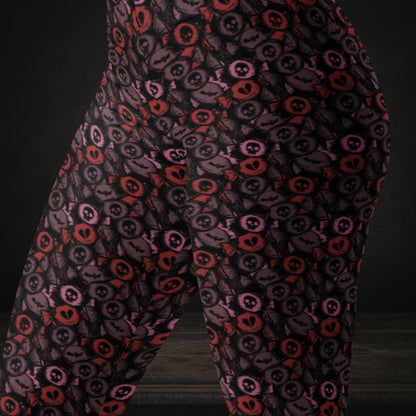 Leggings with skull and broken heart candy in burgundy pink and red