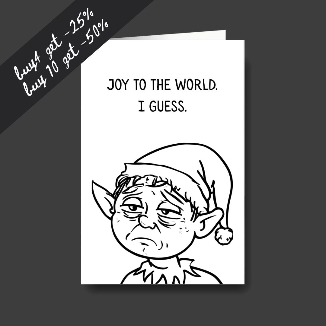 a tired elf sad Christmas greeting card