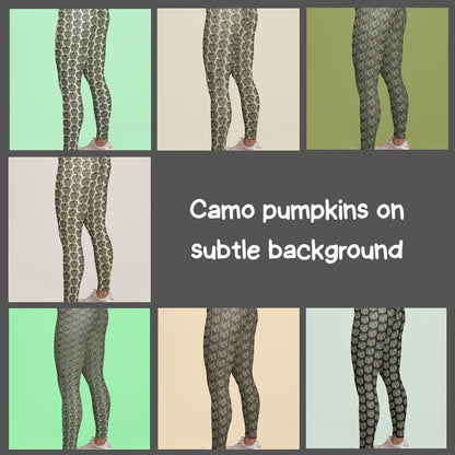 Camo pumpkin patterned leggings displayed against various solid color backgrounds.