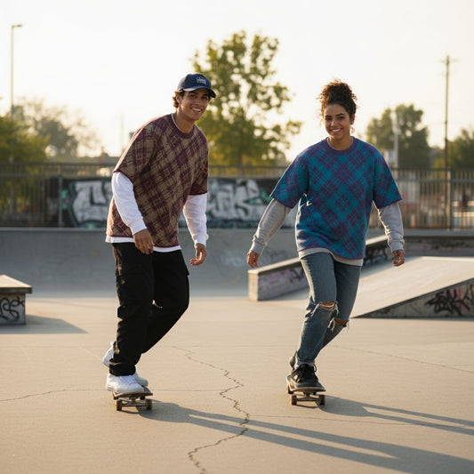 Two skaters wearing street style glitched plaid pattern knitted tees in blue and brown over long sleeve sweaters
